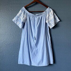 Old Navy Dress M Blue/White Off Shoulder Boho Chambray Embroidery Cotton Tassel